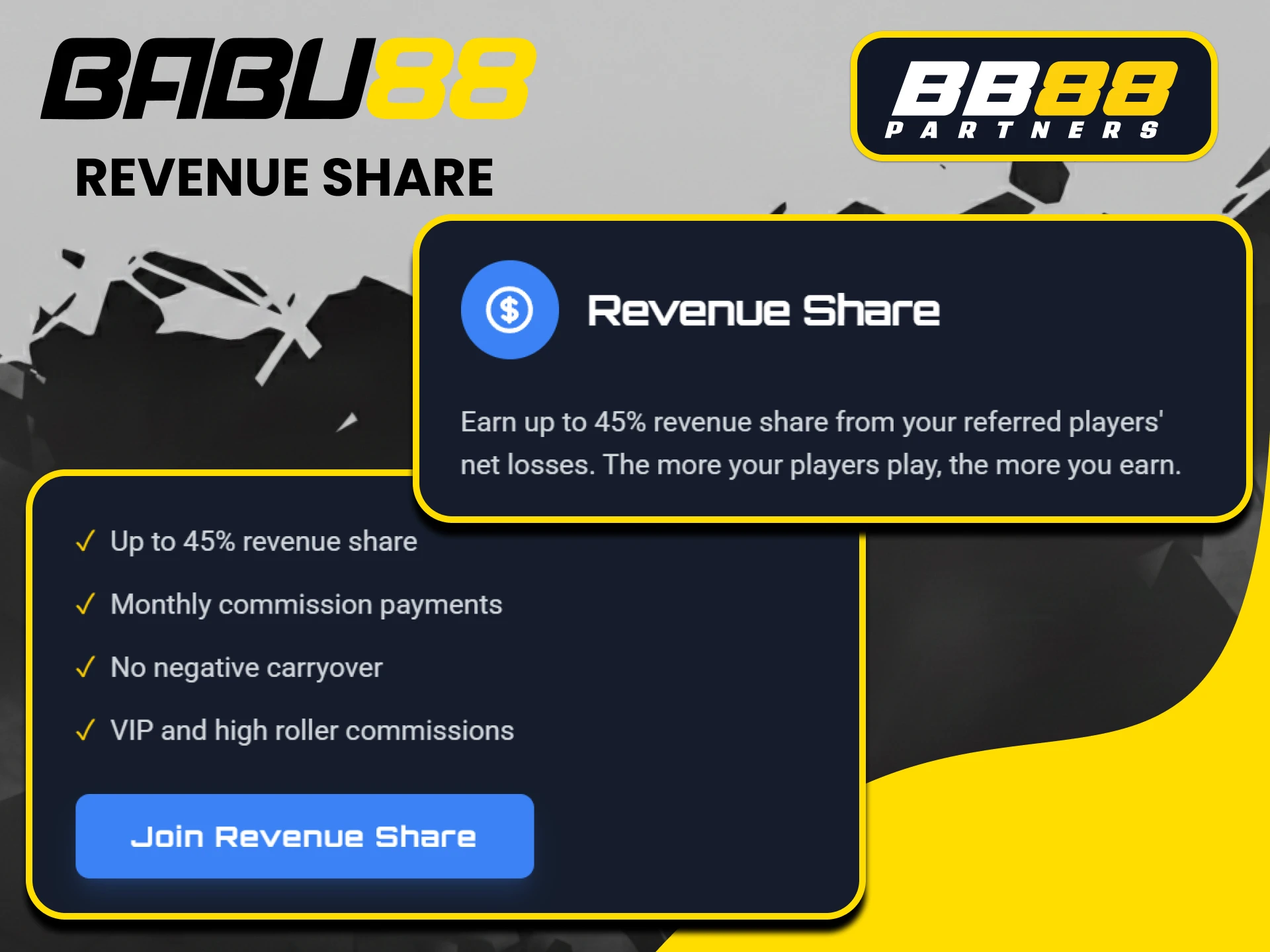 You can benefit from the Babu88 affiliate program using the Revenue Share system.