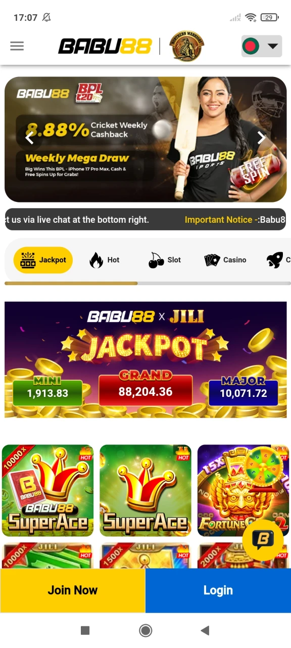 Open the Babu88 website's main page to download the Android app.