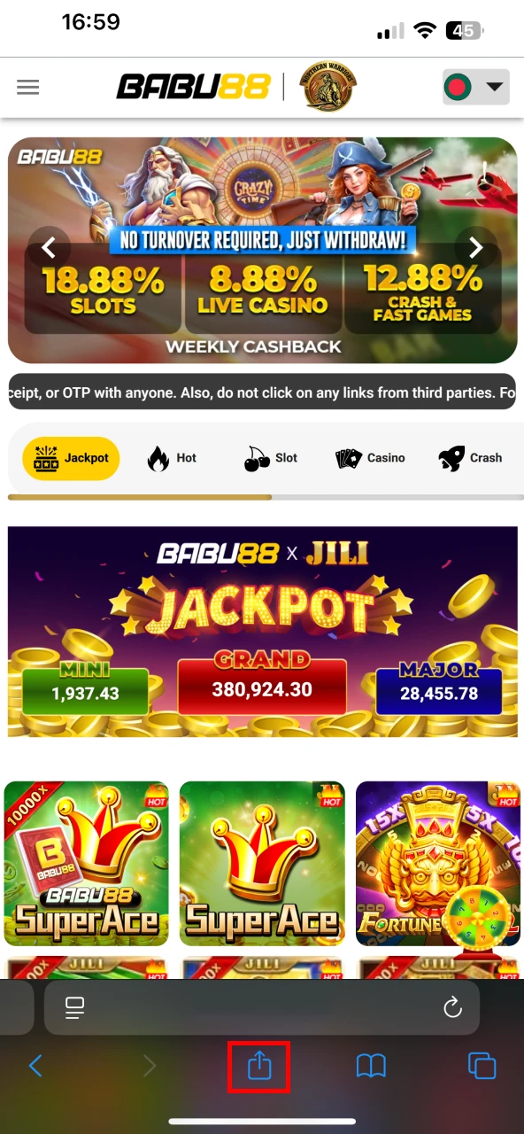 Click the share button to add the Babu88 app to iOS.