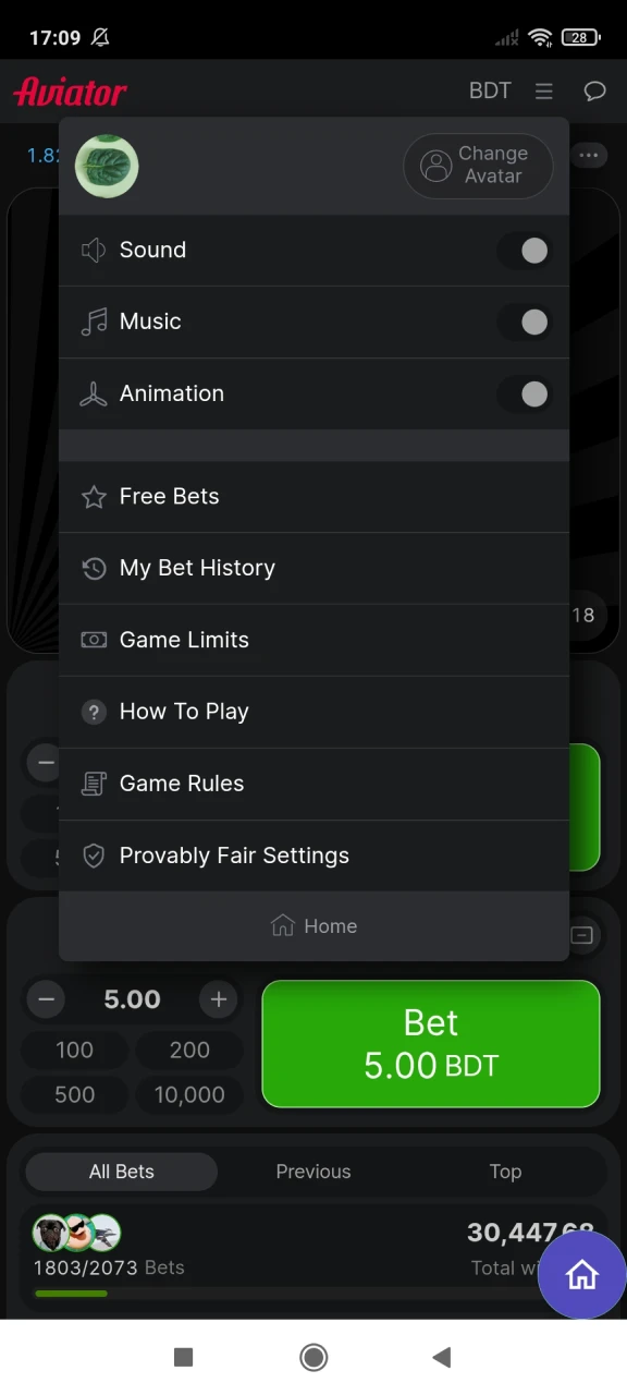 Aviator from Babu88 has a user-friendly menu