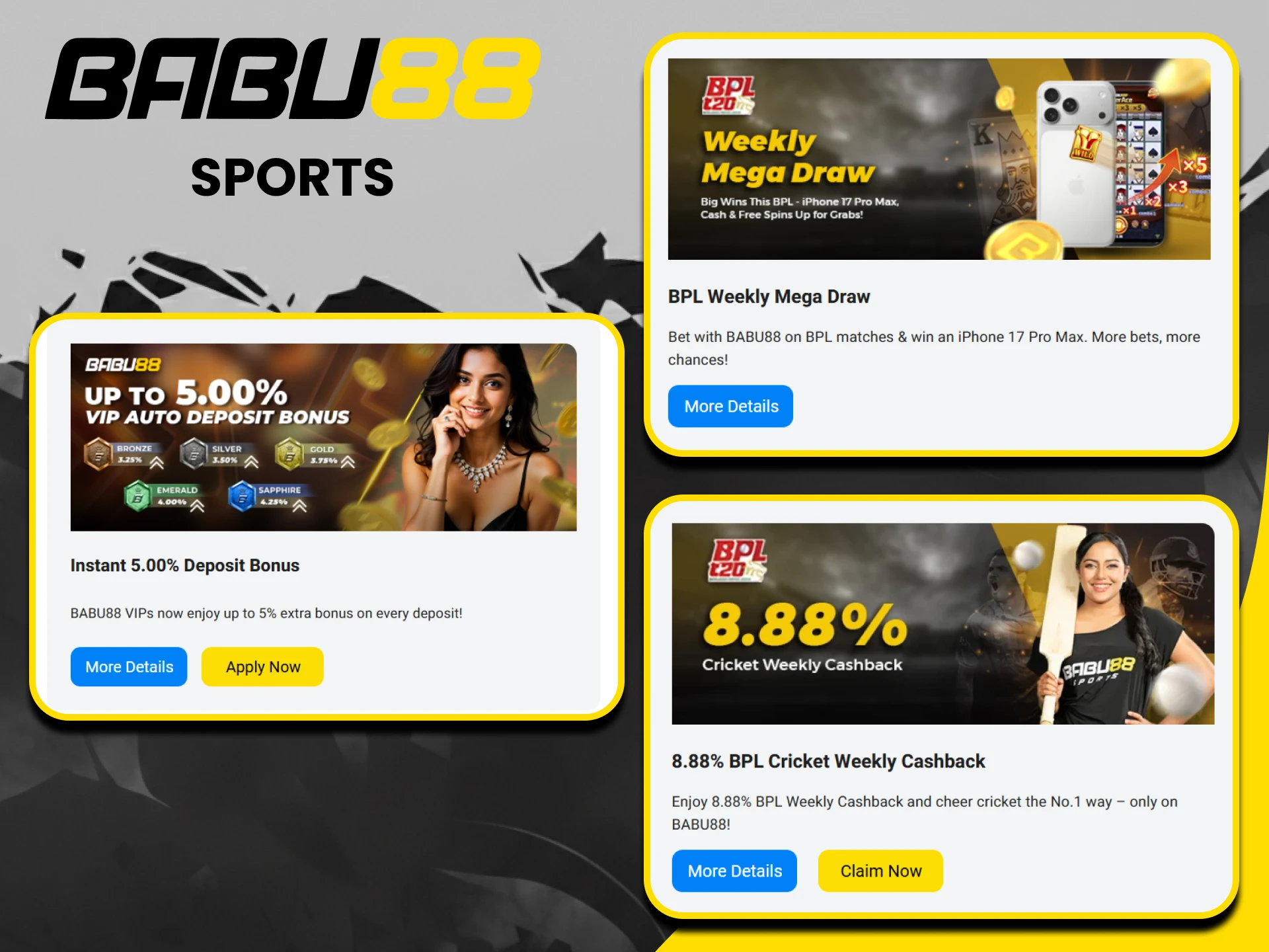 Babu88 offers bonuses for sports betting.