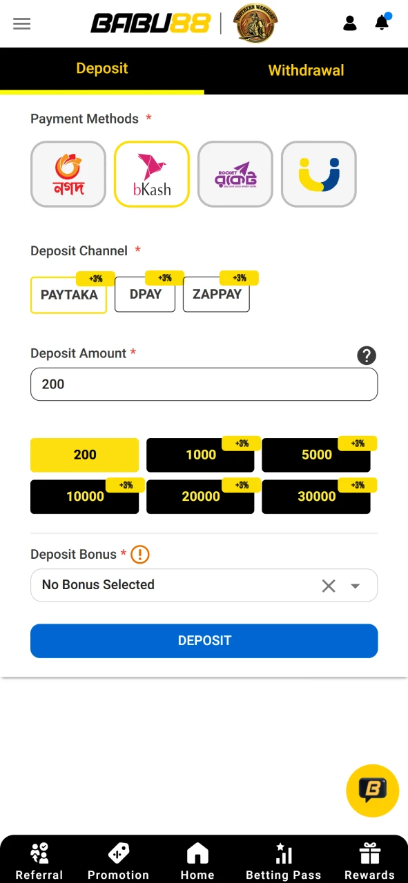 Top up your deposit for cricket betting on the Babu88 website.