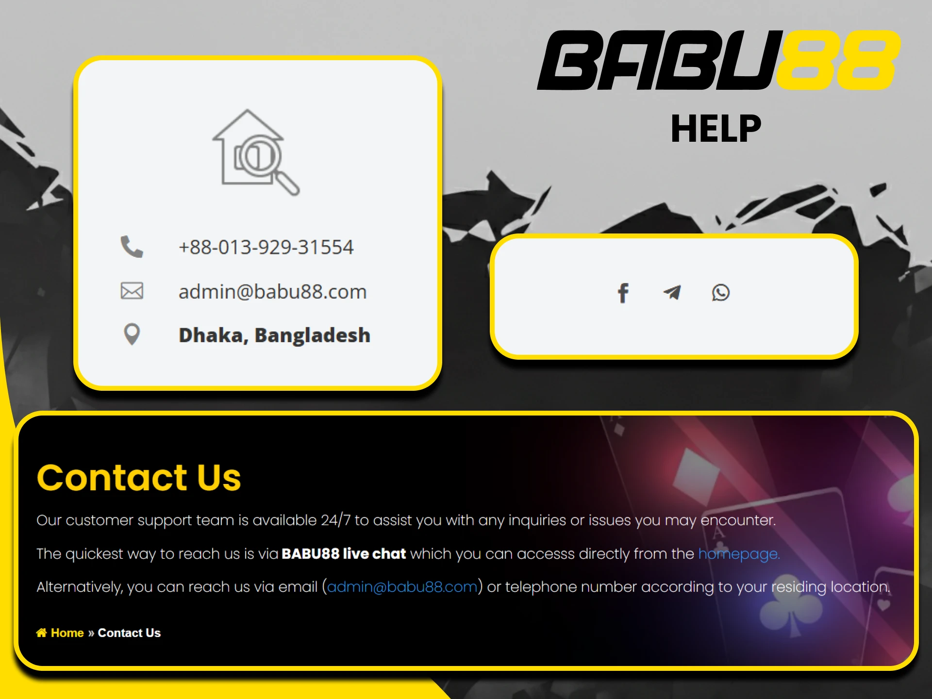 Please contact support if you have any problems logging into the Babu88 website.