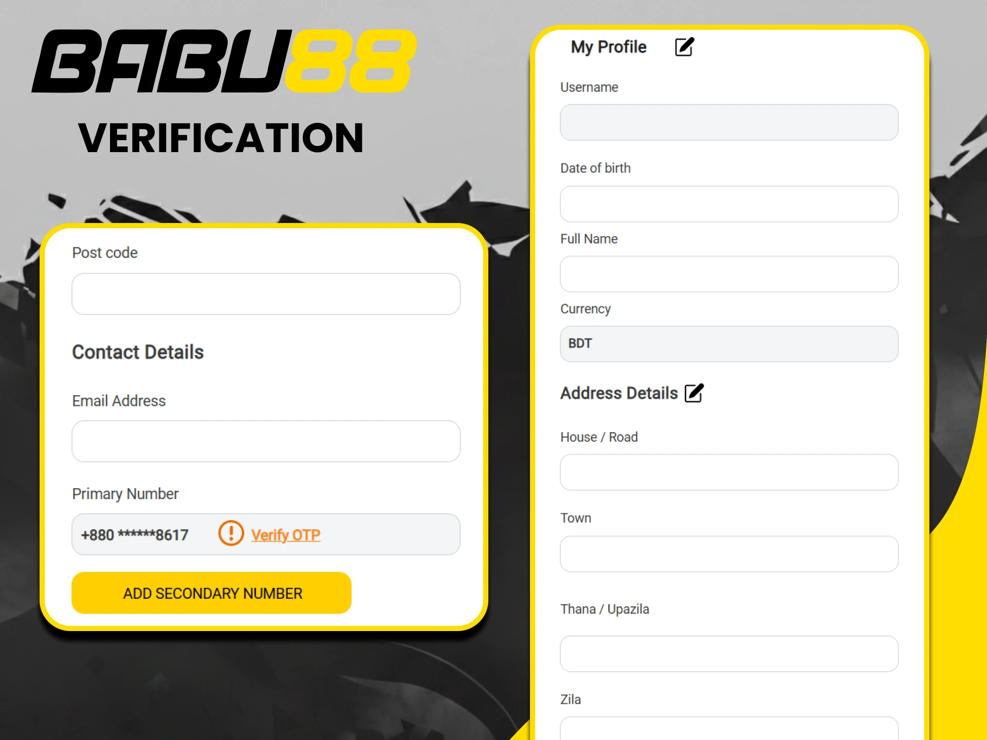 Fill in all your personal information for the Babu88 website.